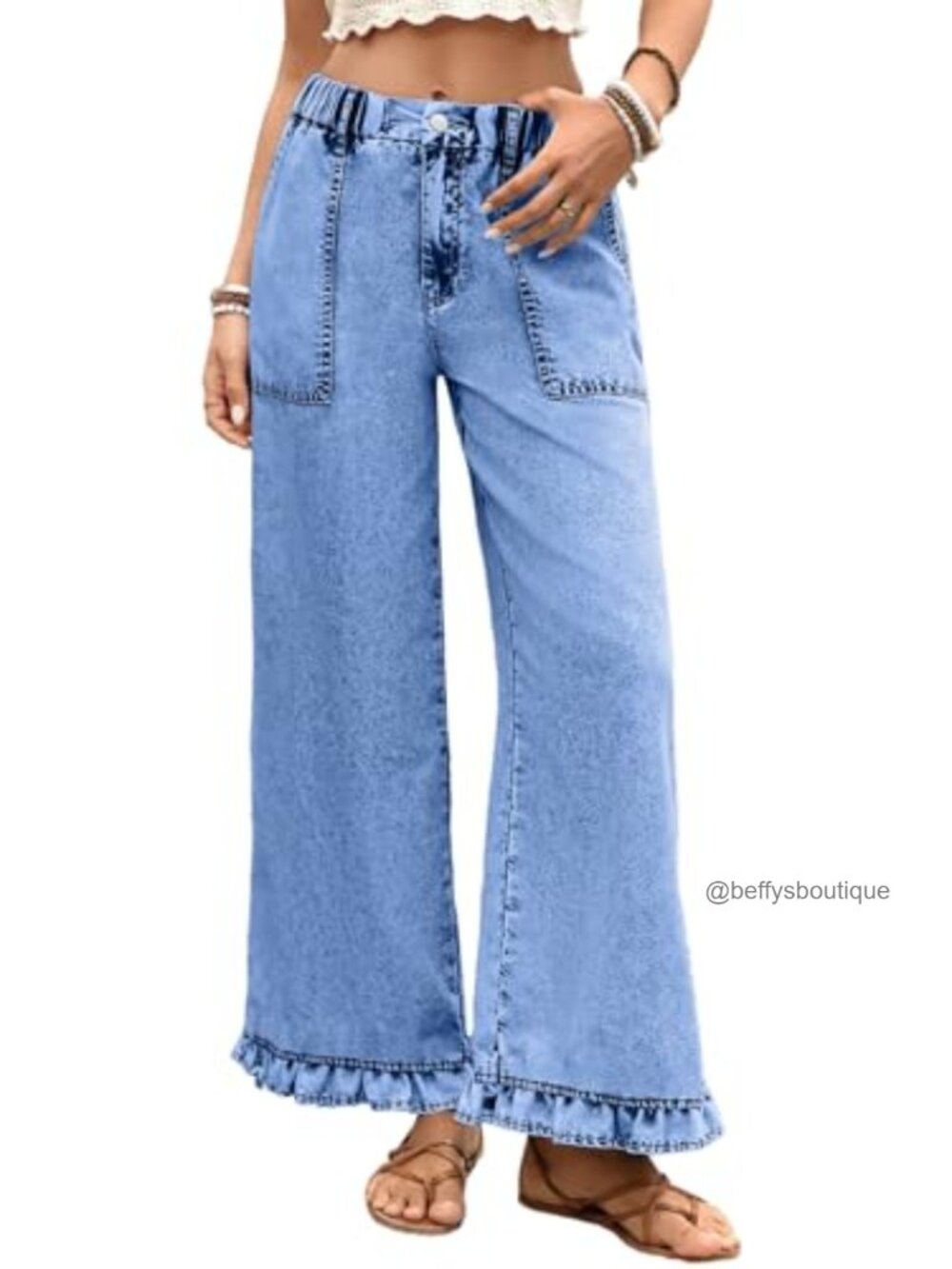 Women's Wide Leg Jeans Stretch Denim Ruffle Hem High Rise Pants
